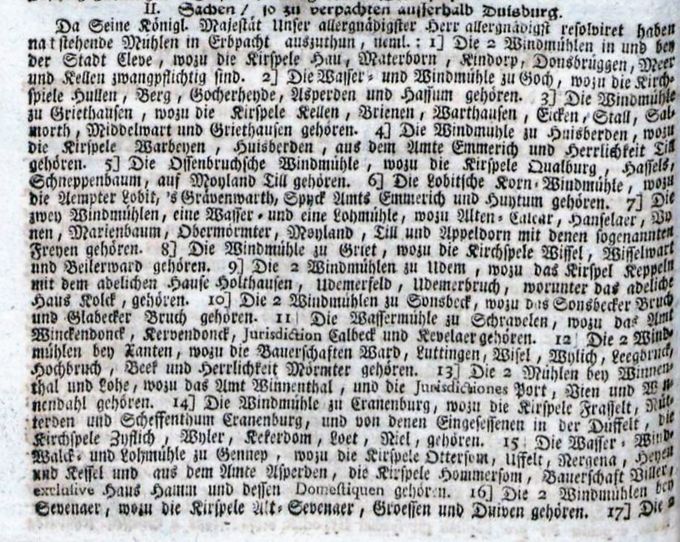 Gedeelte van een advertentie uit de Duisburger Intelligenzzettel van 1765 waarin voor de koninklijke molens in 58 plaatsen een erfpachter gezocht wordt.